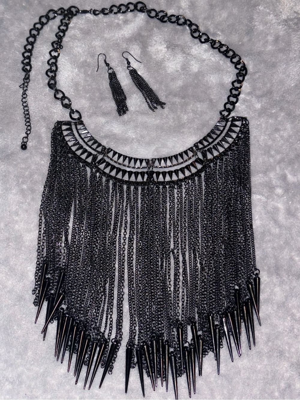 Gunmetal Spike Chain Fringe Bib Statement Necklace & Earrings Set 2010s
